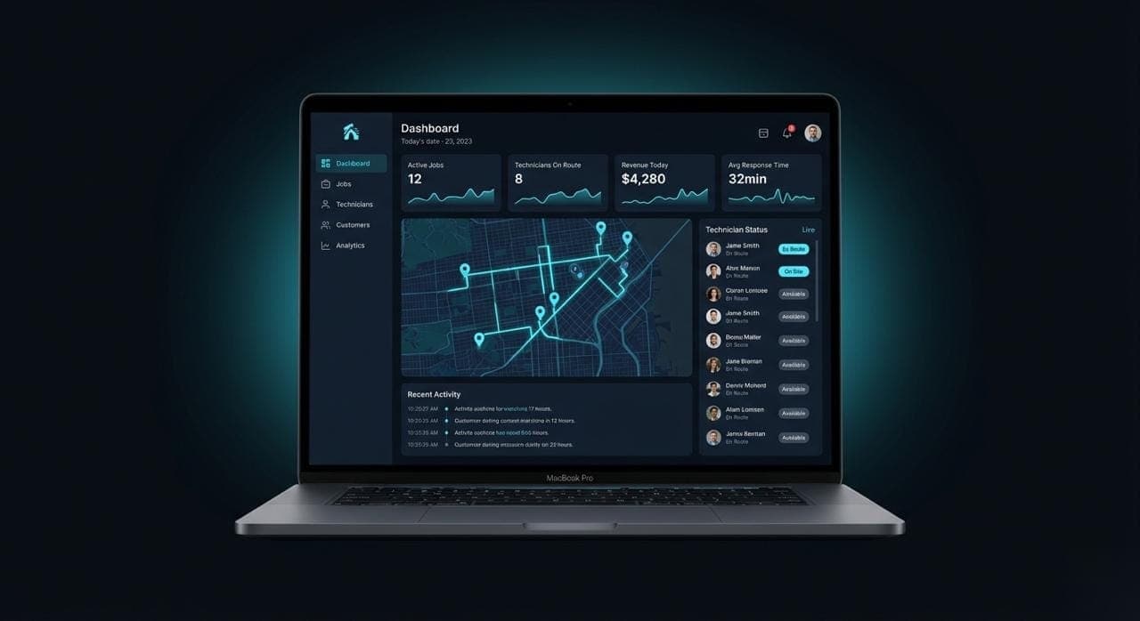 Dashboard Mockup — analytics, route maps, and technician status indicators
